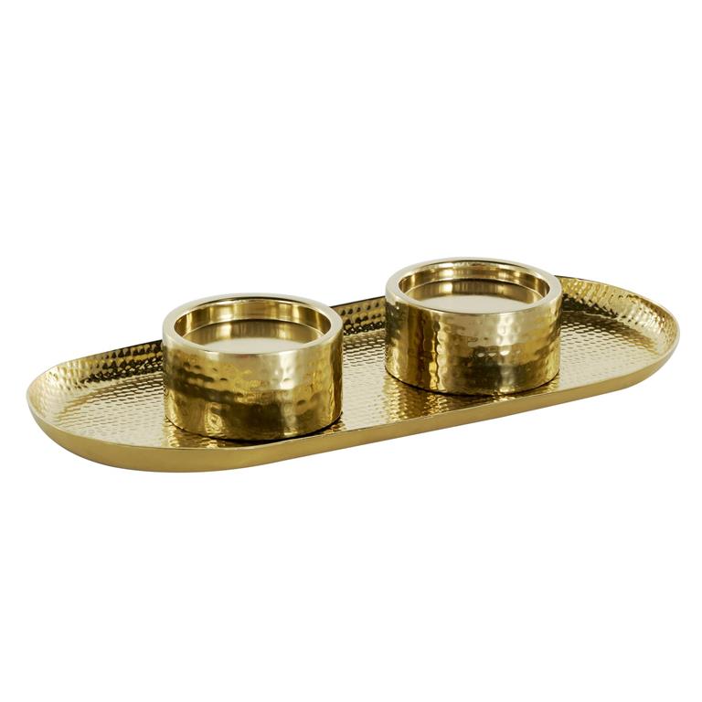 Gold Stainless Steel Metal Hammered Candle Holder with Oval Tray Plate