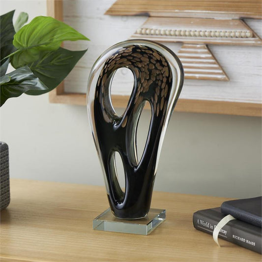 Black Glass Abstract Curved Cutout Sculpture with Gold Spotted Accents