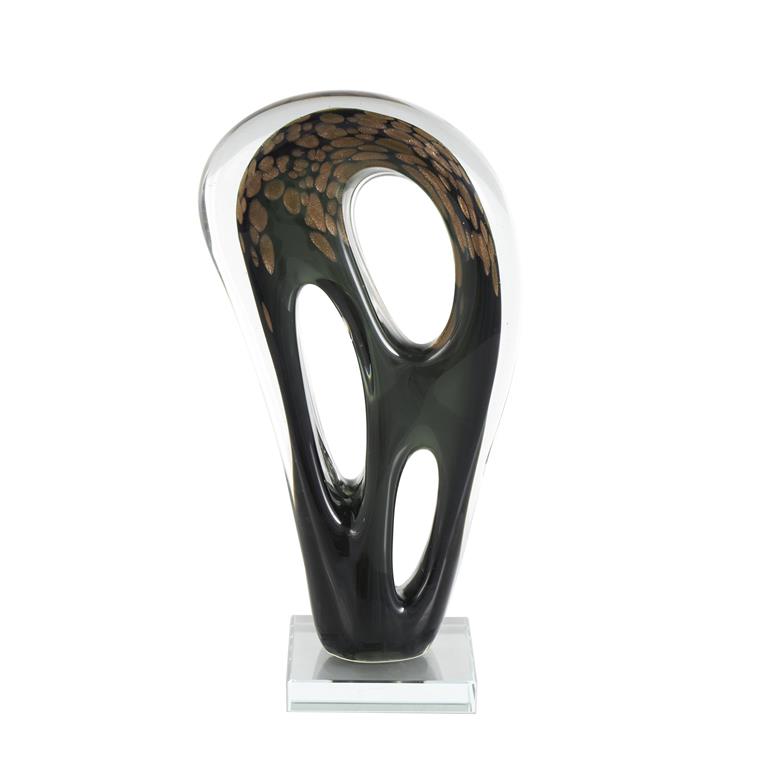 Black Glass Abstract Curved Cutout Sculpture with Gold Spotted Accents