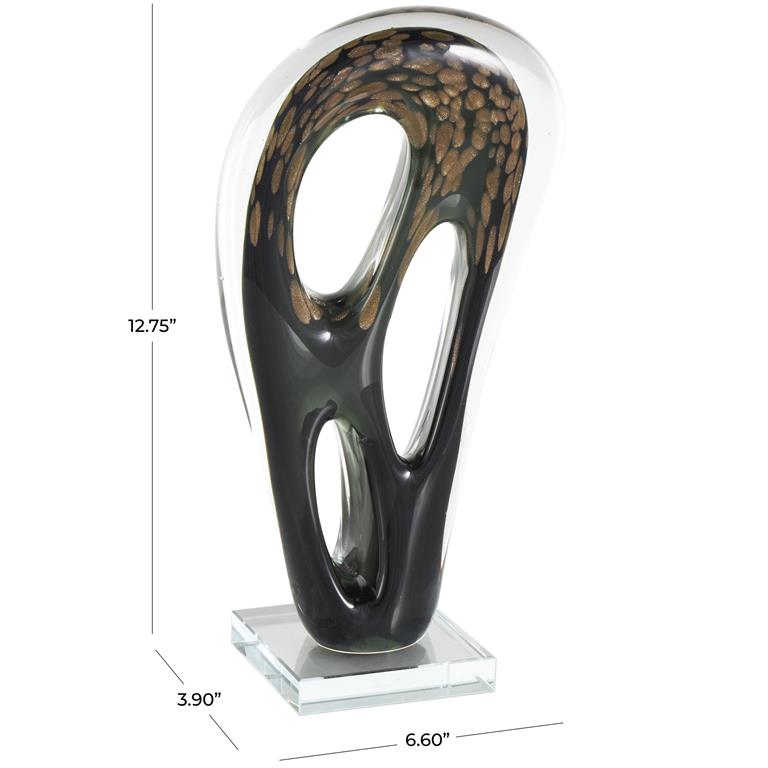 Black Glass Abstract Curved Cutout Sculpture with Gold Spotted Accents