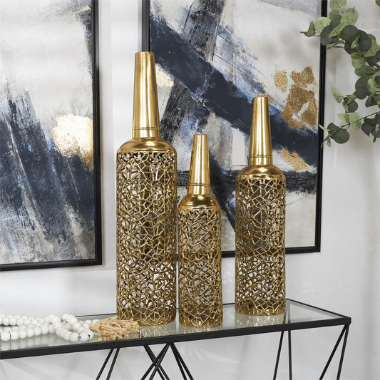 Gold Metal Abstract pattemed Vase set of 3
