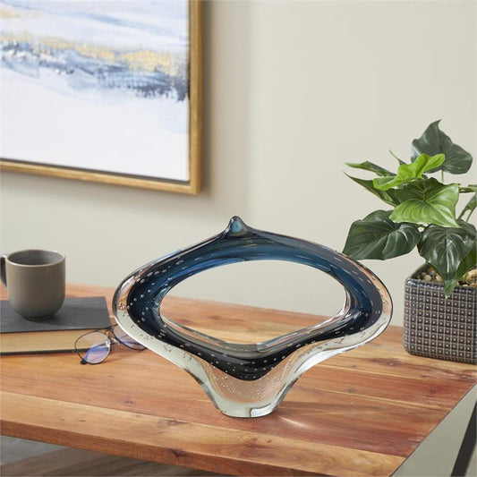 Dark Blue Glass Abstract Cutout Oval Ombre Sculpture with Bubble Texturing and Clear Accents