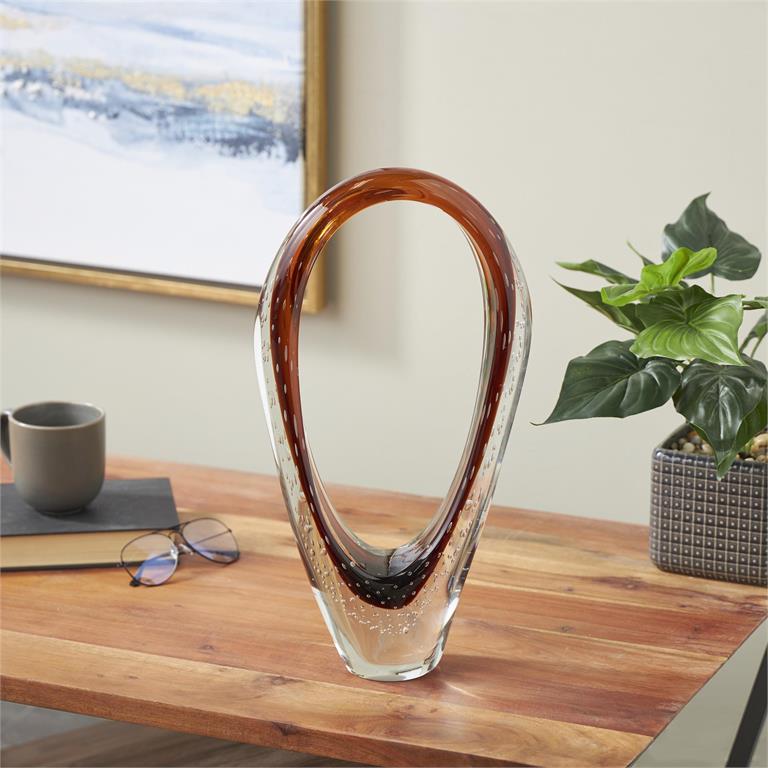 Copper Glass Abstract Cutout Oval Ombre Sculpture with Bubble Texturing and Clear Accents