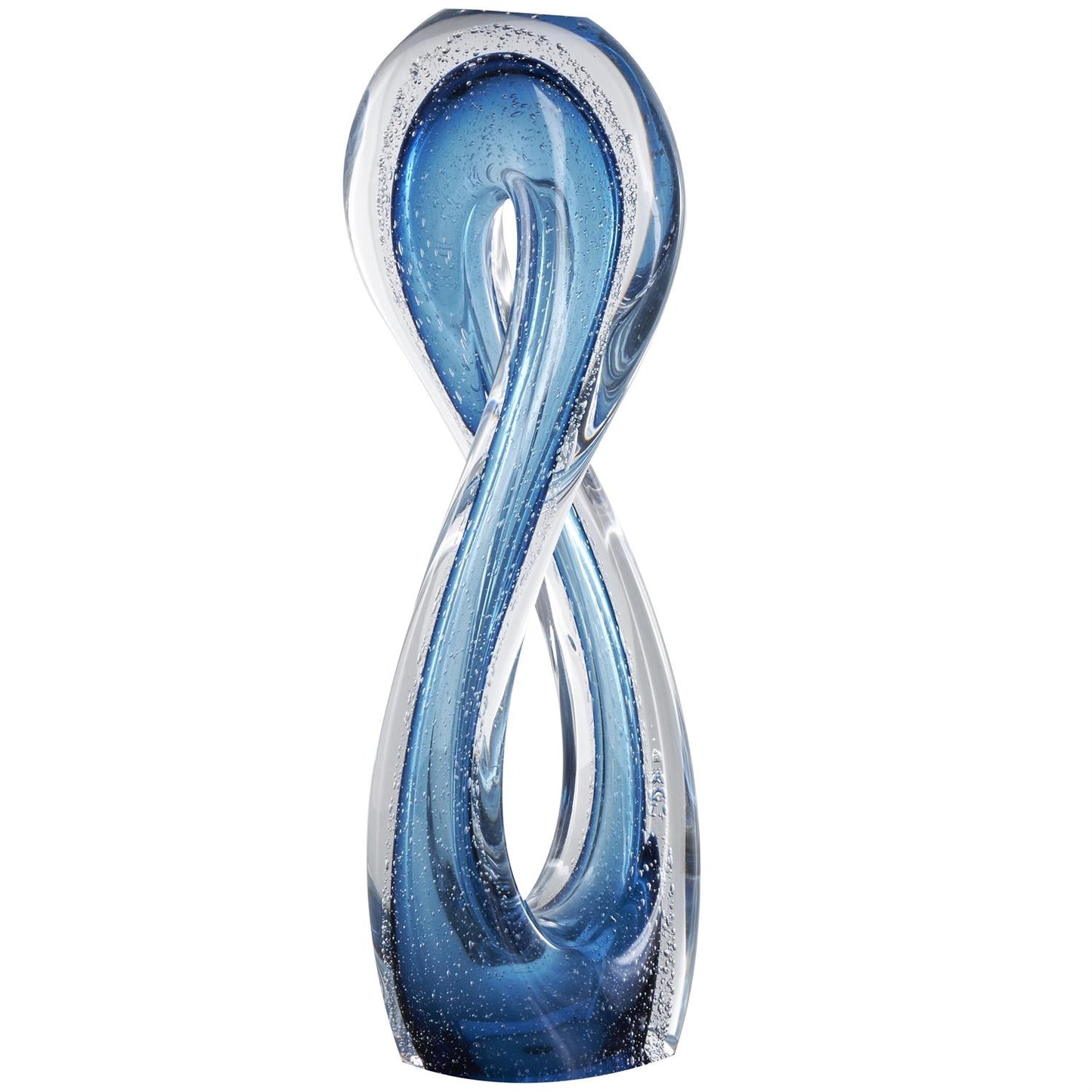 Blue Glass Geometric Ombre Twisted Infinity Loop Sculpture with Bubble Texturing and Clear Accents