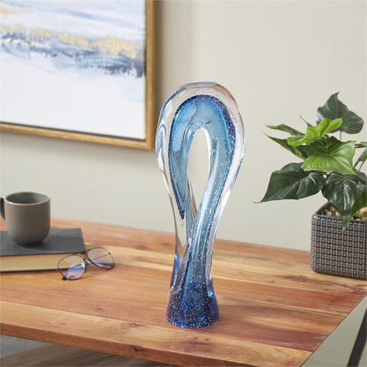 Blue Glass Geometric Ombre Twisted Infinity Loop Sculpture with Bubble Texturing and Clear Accents