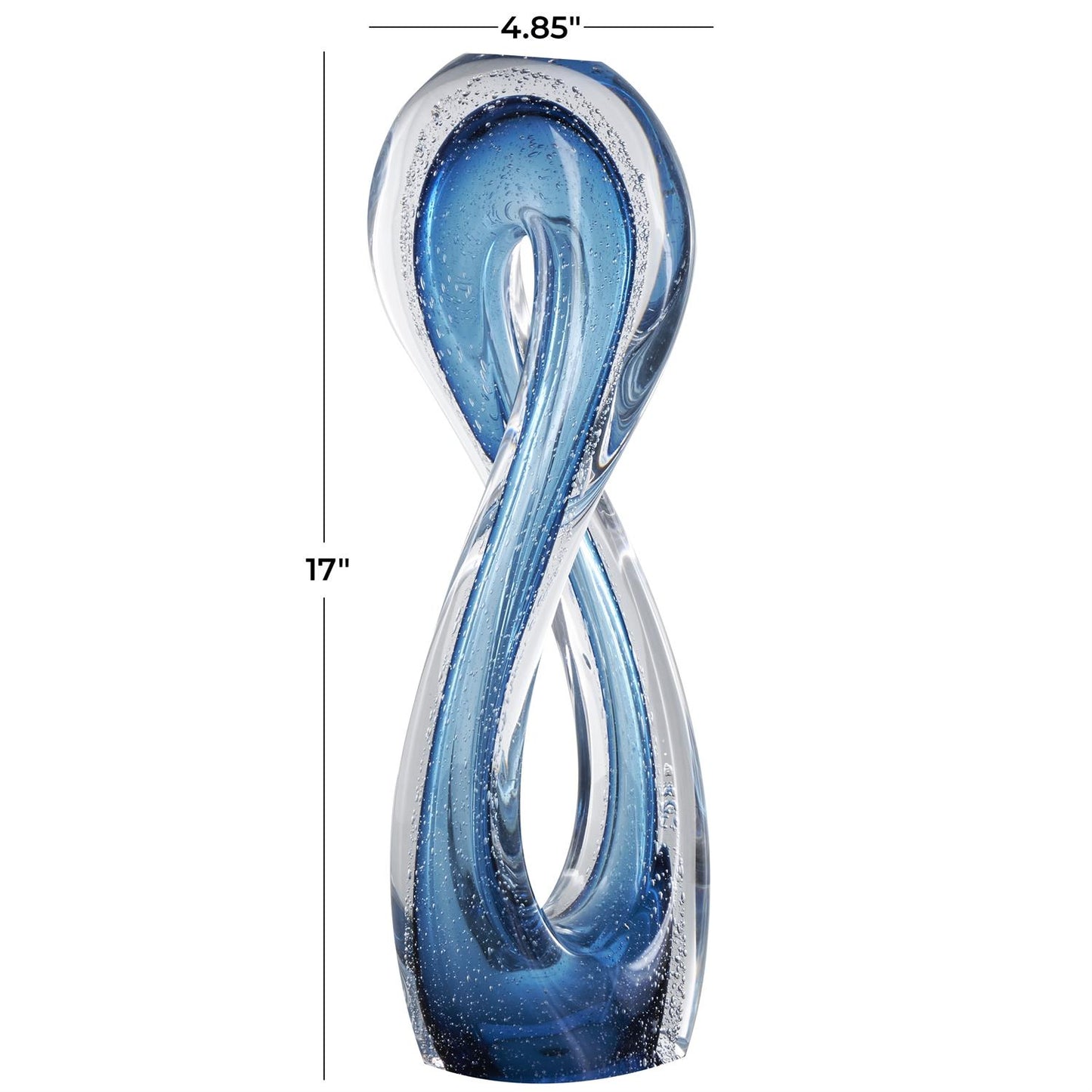 Blue Glass Geometric Ombre Twisted Infinity Loop Sculpture with Bubble Texturing and Clear Accents