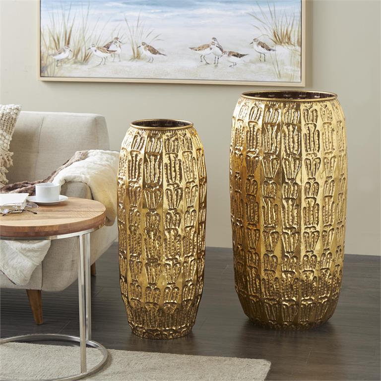 Gold Metal Tall Vase with Grooved Pattern 32"H