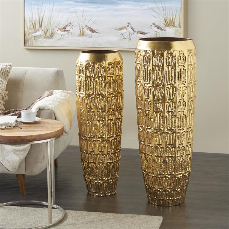 Gold Metal Tall Vase with Grooved Pattern 37"H