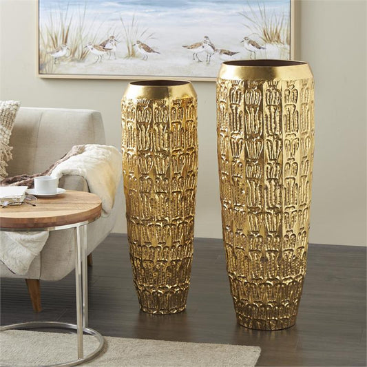 Gold Metal Tall Vase with Grooved Pattern 41"H