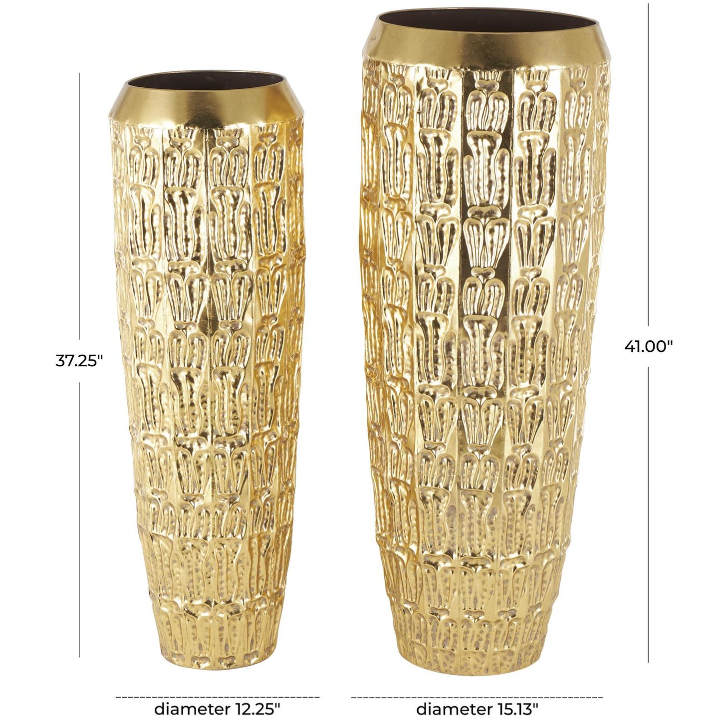 Gold Metal Tall Vase with Grooved Pattern 37"H