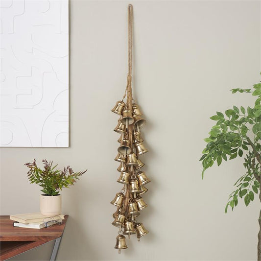 Gold Metal Long Cluster Decorative Bells with Jute Hanging Rope