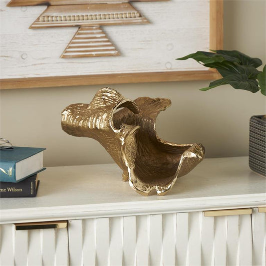 Gold Aluminum Metal Abstract Textured Folded Leaf Decorative Bowl