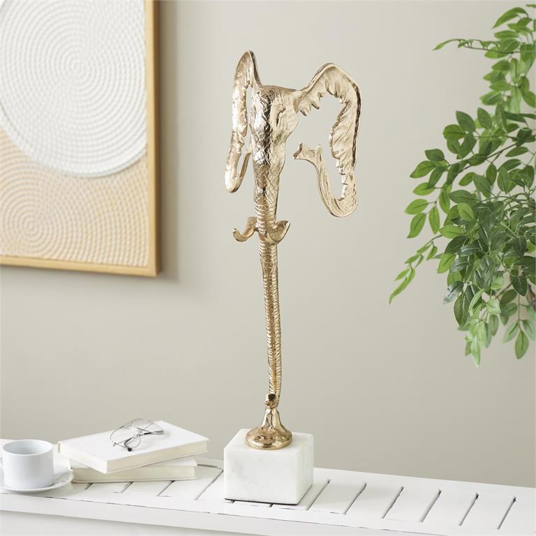 Gold Aluminum Metal Elephant Tall Cutout Silhouette Sculpture with Marble Base