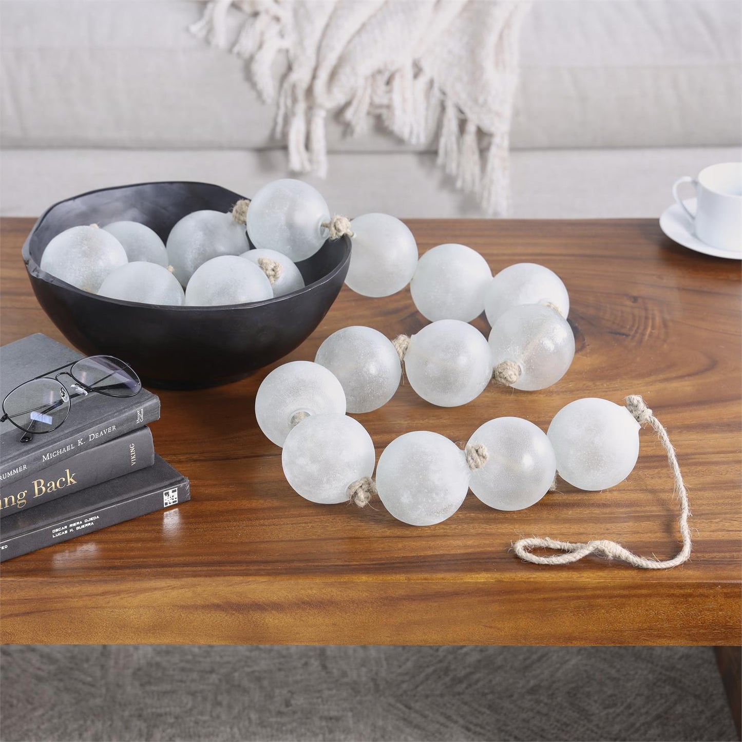 White Glass Handmade Frosted Orb Garland with Tasse