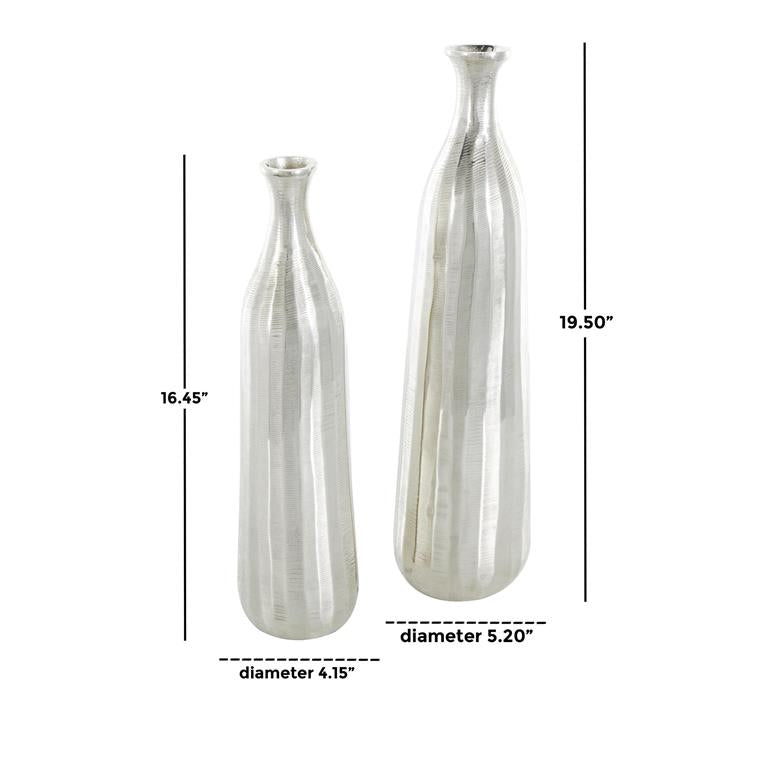 Silver Aluminum Metal Vase with Wavy Accents and Textured Ridges, Set of 2