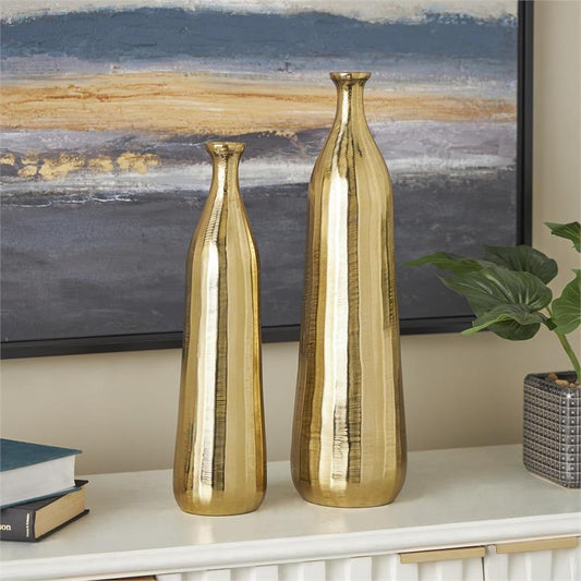 Gold Aluminum Metal Vase with Wavy Accents and Textured Ridges, Set of 2