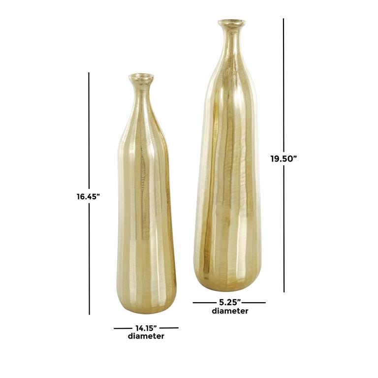 Gold Aluminum Metal Vase with Wavy Accents and Textured Ridges, Set of 2