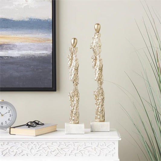 Gold Aluminum Metal Abstract Tall Textured Figurine Sculpture with Marble Bases, Set of 2