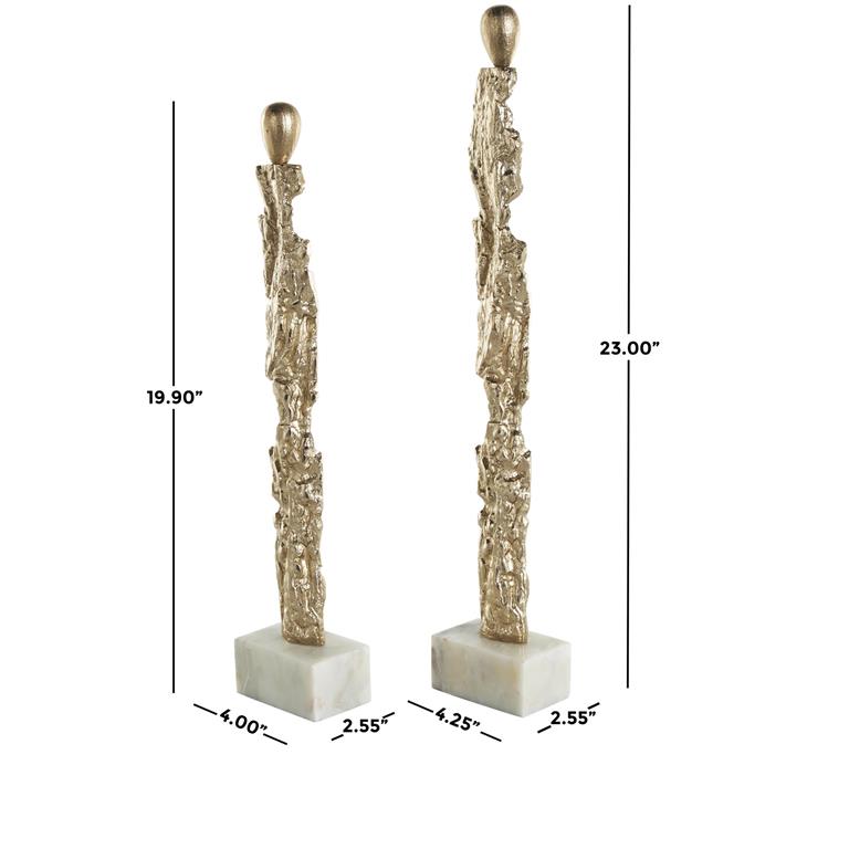 Gold Aluminum Metal Abstract Tall Textured Figurine Sculpture with Marble Bases, Set of 2