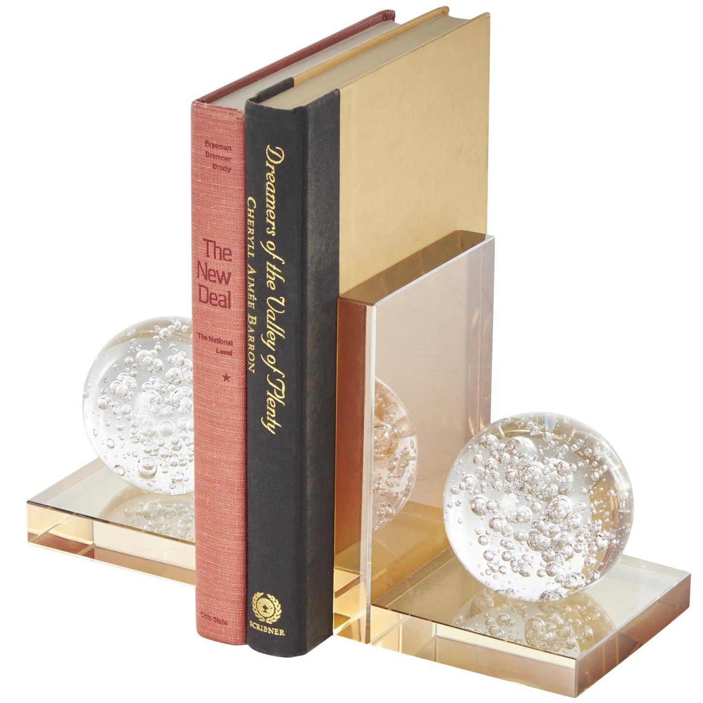 Gold Glass Geometric Bookends with Clear Orbs and Bubble Texturing, Set of 2