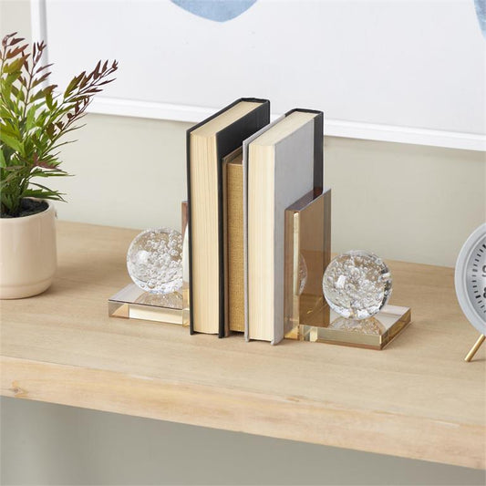 Gold Glass Geometric Bookends with Clear Orbs and Bubble Texturing, Set of 2