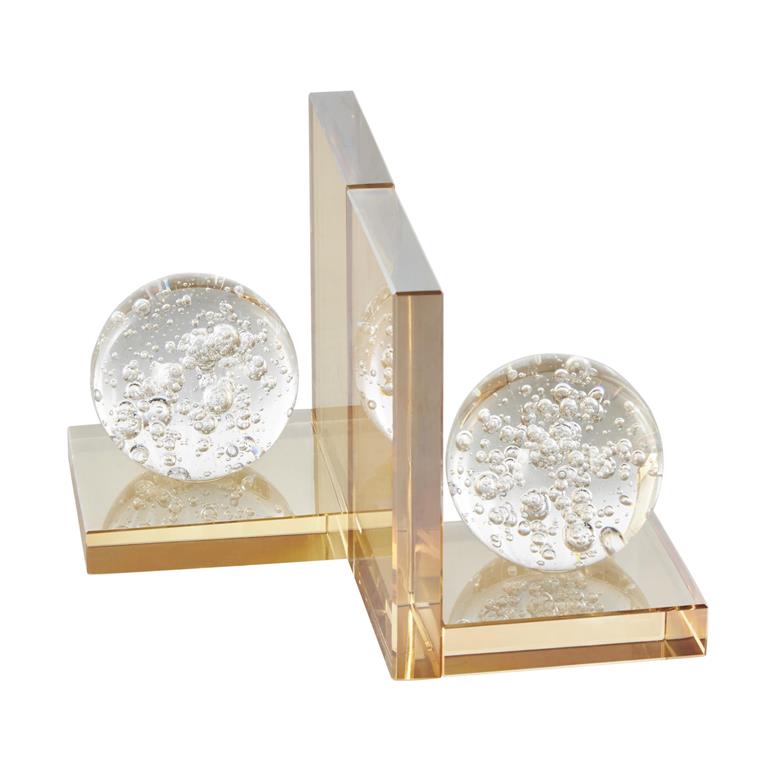 Gold Glass Geometric Bookends with Clear Orbs and Bubble Texturing, Set of 2