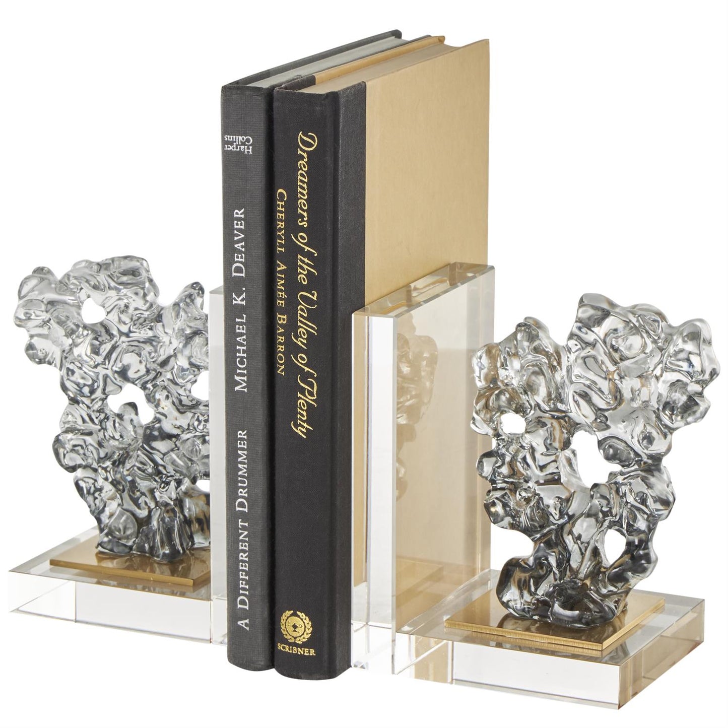 Clear Glass Handmade Freeform Decorative Bookends with Clear Gold Supports, Set of 2