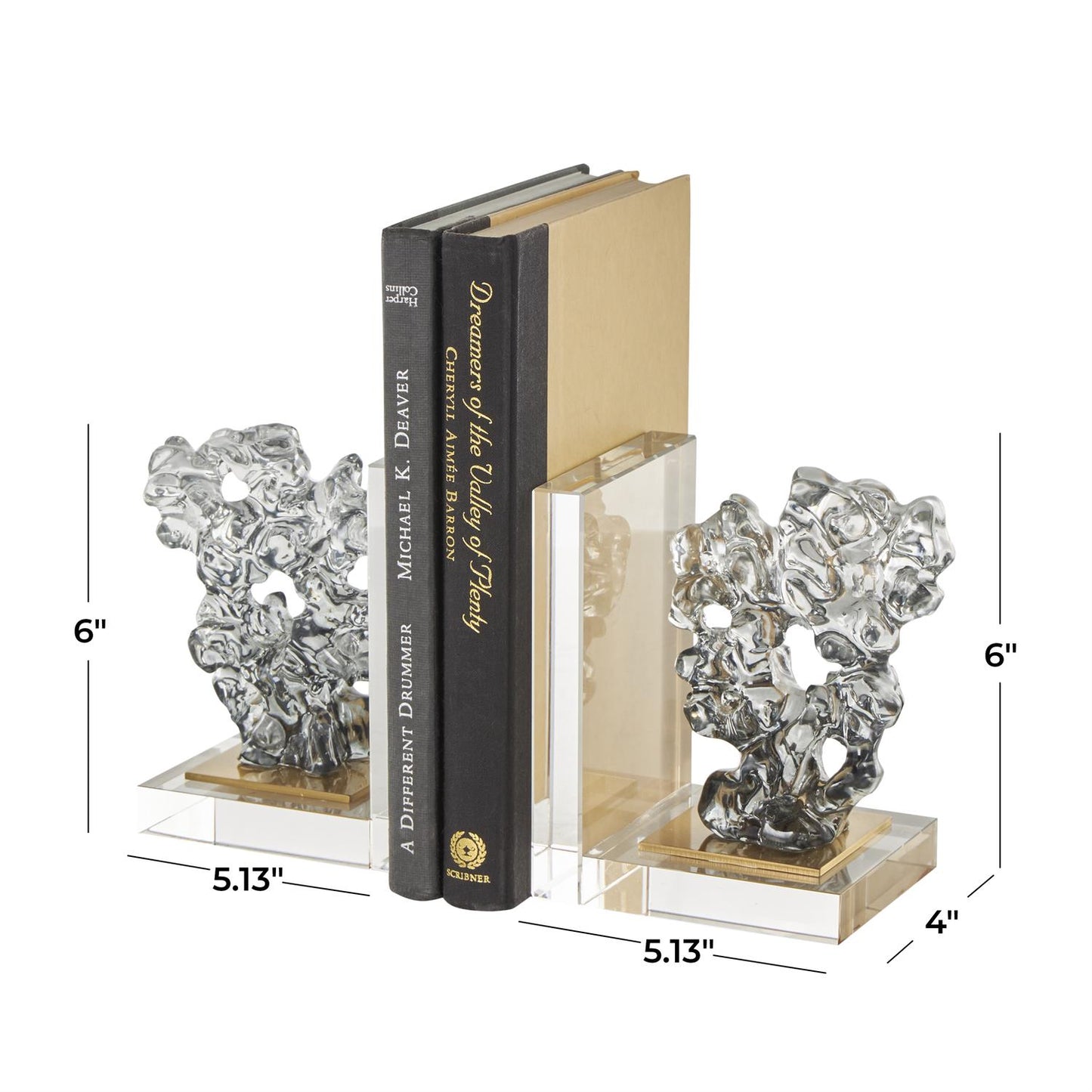 Clear Glass Handmade Freeform Decorative Bookends with Clear Gold Supports, Set of 2