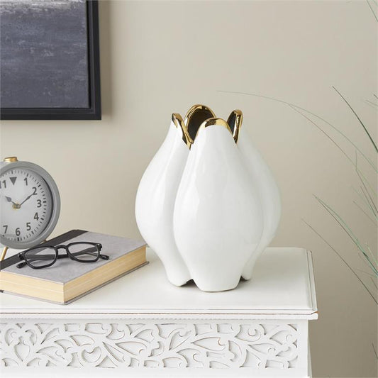 White Ceramic Dimensional Tulip Shaped Vase with Metallic Gold Rim