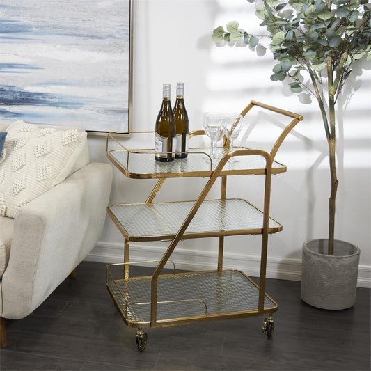 Gold Metal Glass Shelf 3 Tier Bar Cart with side Guards