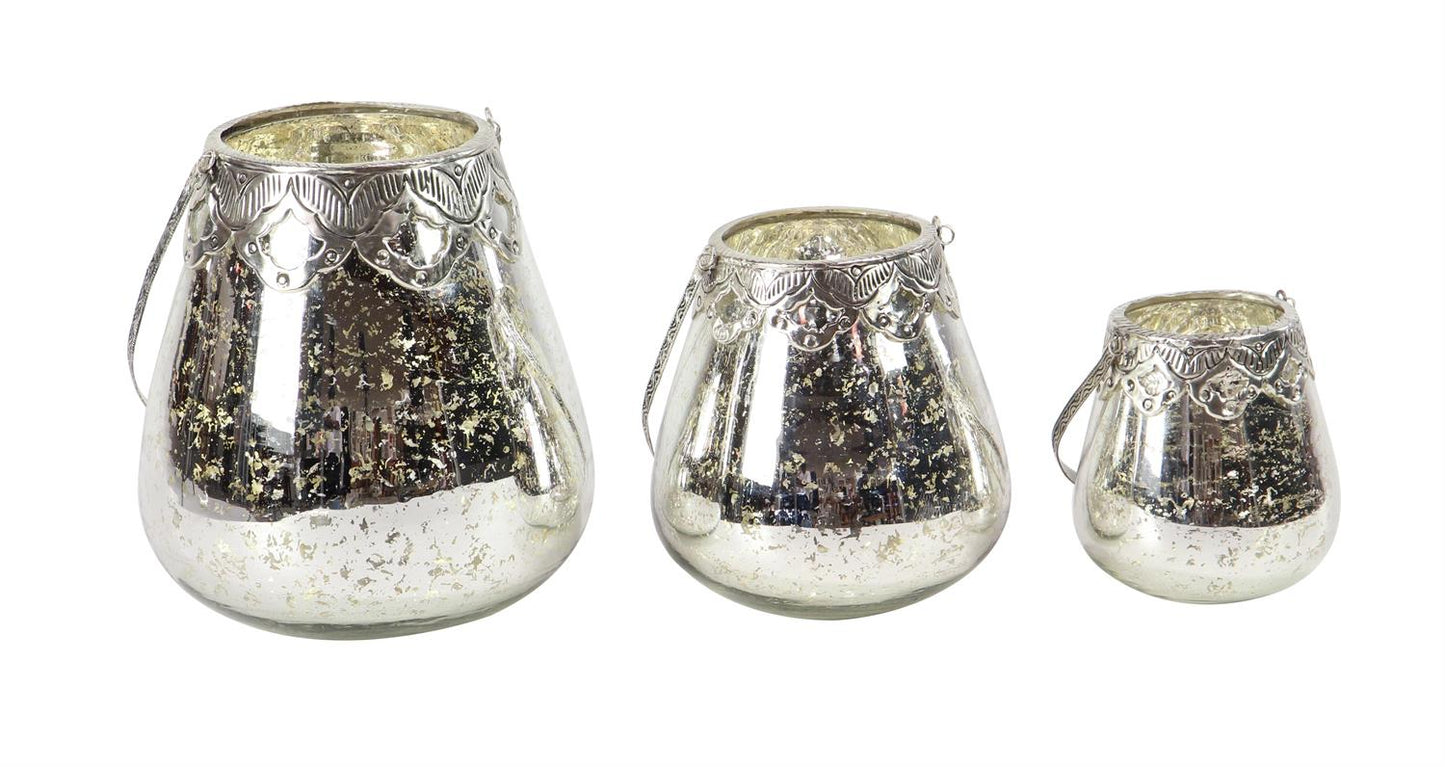 Silver Glass Candle Lantern, Set of 3