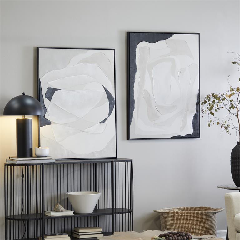 White Canvas Abstract Framed Wall Art with Black Frame, Set of 2