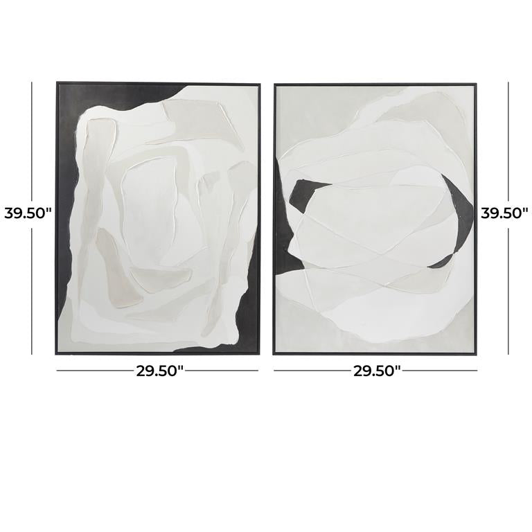 White Canvas Abstract Framed Wall Art with Black Frame, Set of 2