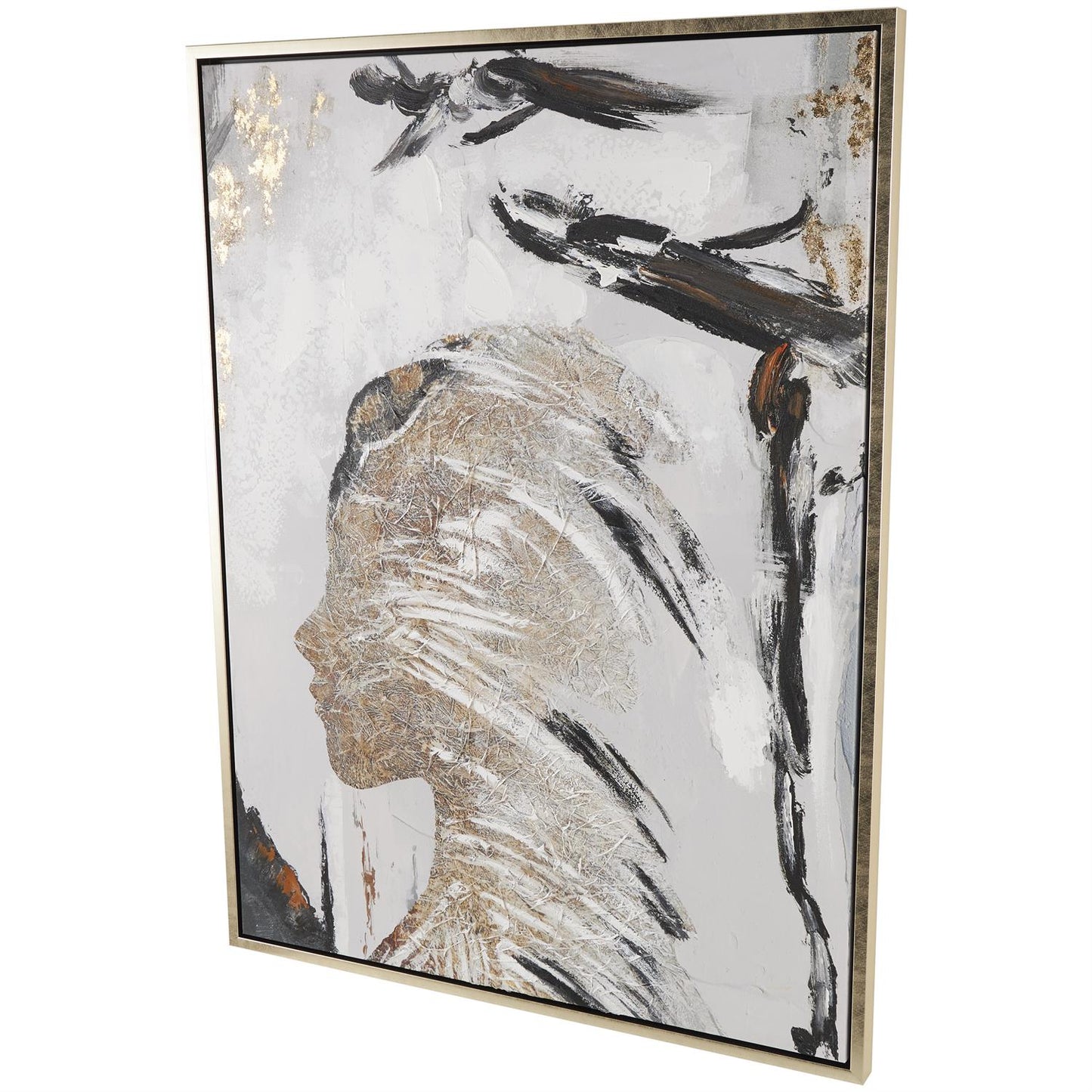 Brown Canvas Abstract Women's Profile Framed Wall Art with Gold Foil Details and Black Accents