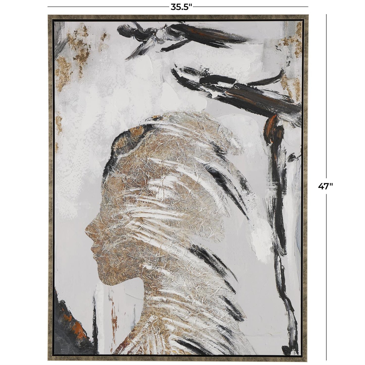 Brown Canvas Abstract Women's Profile Framed Wall Art with Gold Foil Details and Black Accents