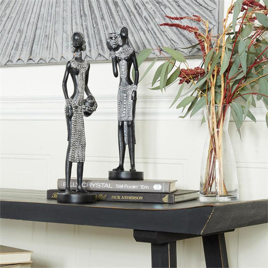 Black  Polystone Woman standing African Sculpture set of 2