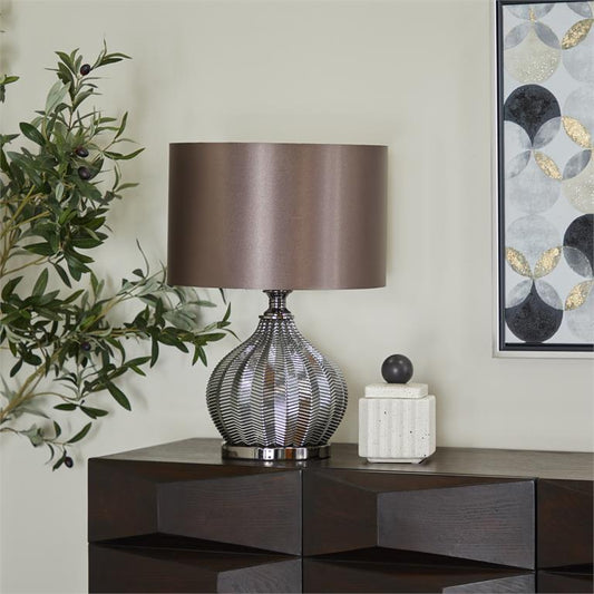 SILVER POLYESTER TABLE LAMP WITH DRUM SHADE