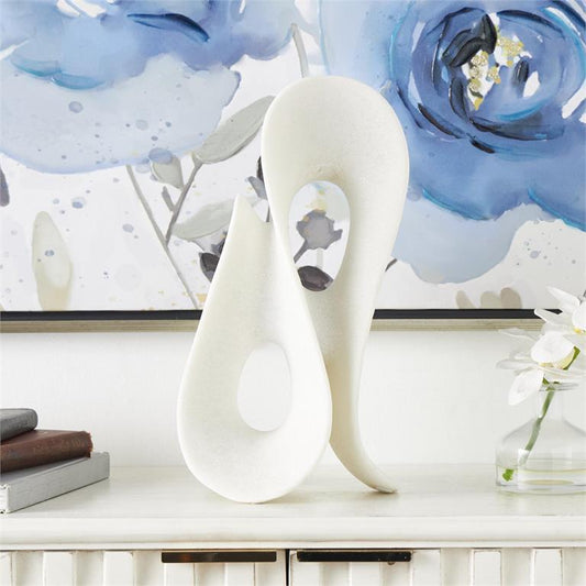 White Polystone Abstract Wavy Shaped Sculpture with Cutouts and Speckled Texturing