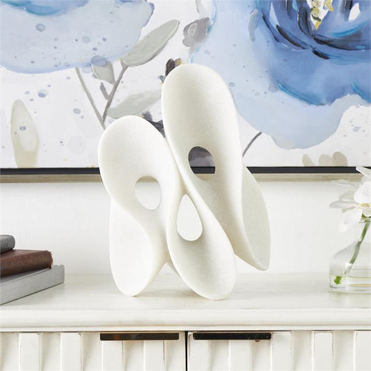 White Polystone Abstract Wavy Shaped Sculpture with Cutouts and Speckled Texturing