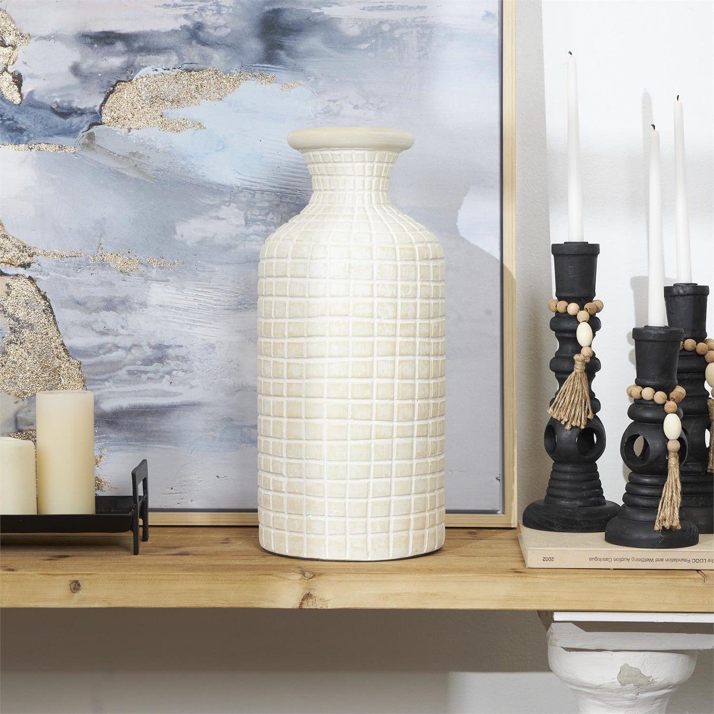 Cream Ceramic Geometric Textured Vase with Checker