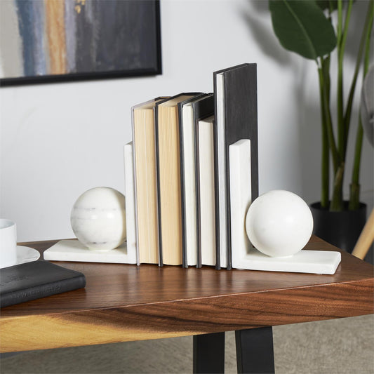 white Marble Geometric Sleek orb 12 lbs Bookends