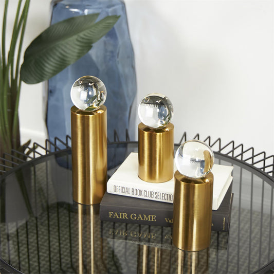 Gold Metal Geometric Cylinder Post Sculpture with Clear Glass Orbs, Set of 3