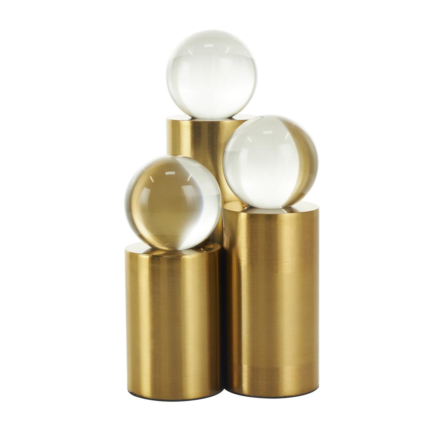 Gold Metal Geometric Cylinder Post Sculpture with Clear Glass Orbs, Set of 3