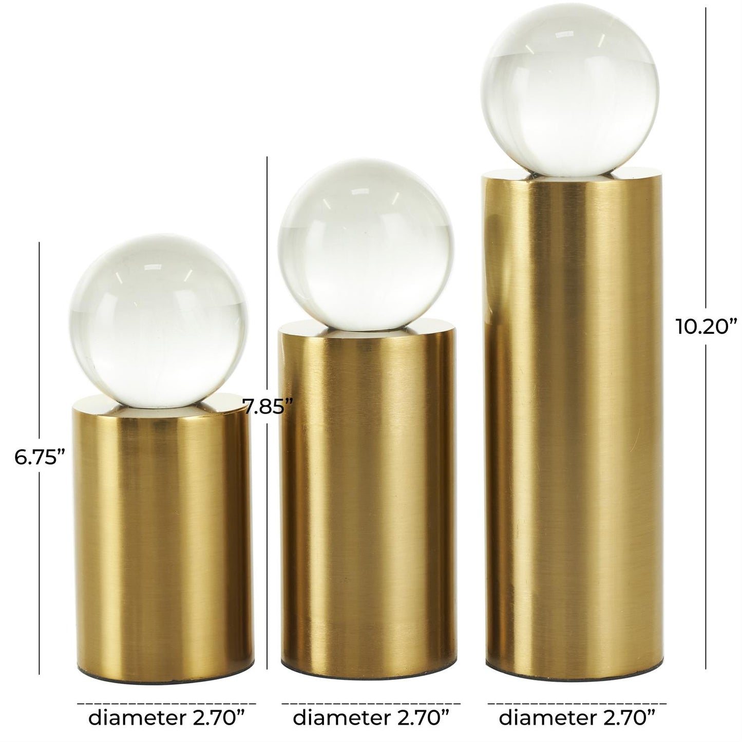 Gold Metal Geometric Cylinder Post Sculpture with Clear Glass Orbs, Set of 3