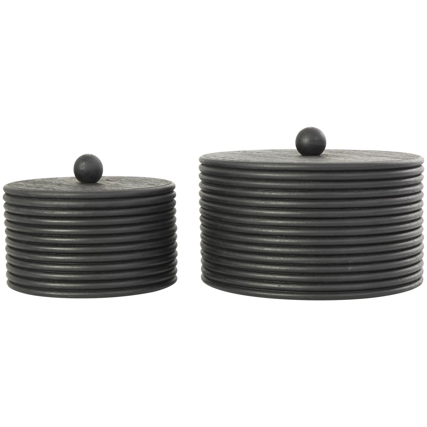 Black Wooden Large Round Ribbed Storage Box, Set of 2