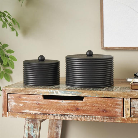 Black Wooden Large Round Ribbed Storage Box, Set of 2