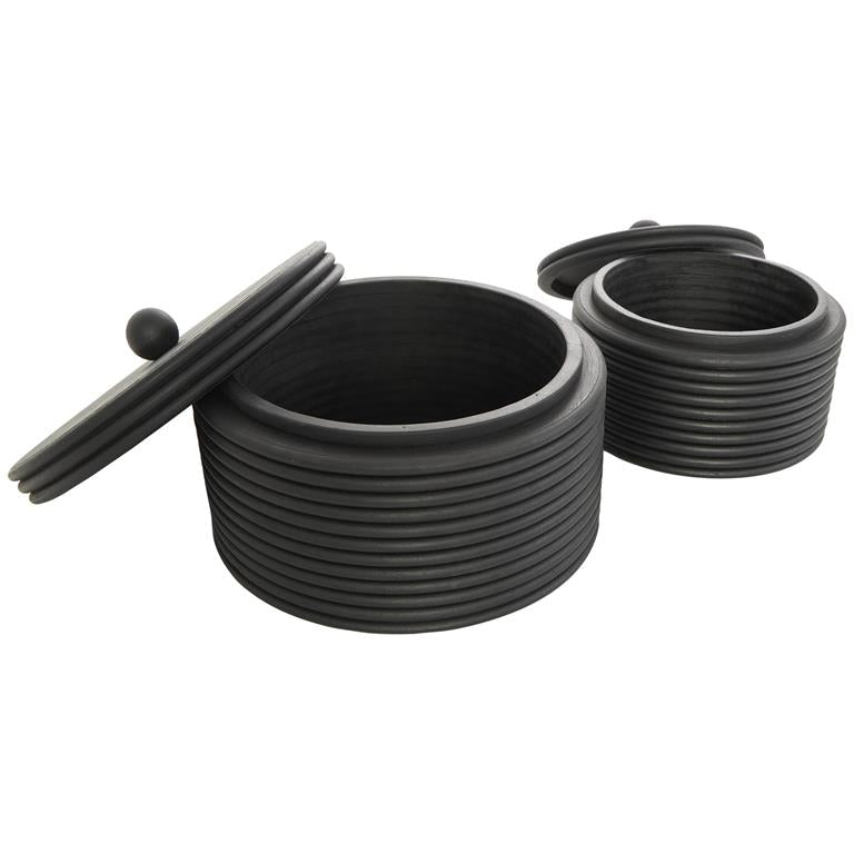 Black Wooden Large Round Ribbed Storage Box, Set of 2