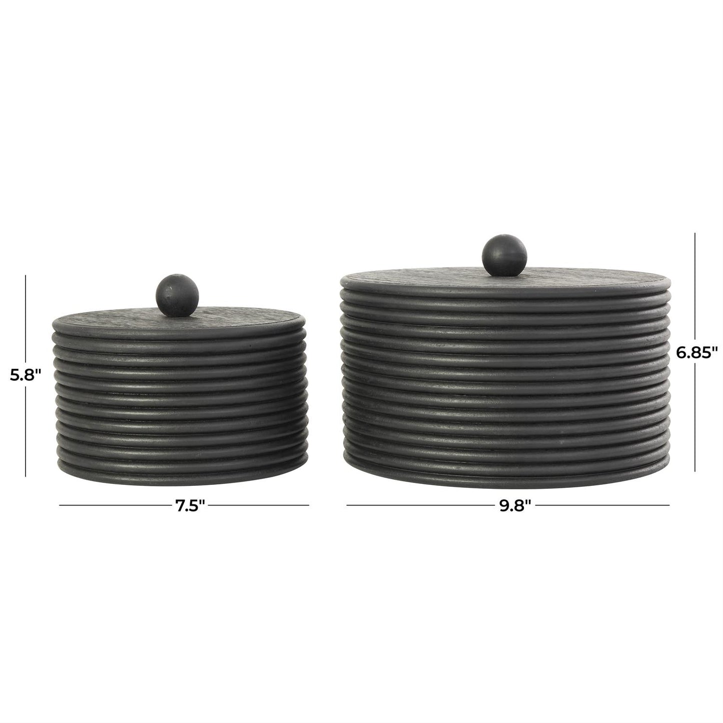 Black Wooden Large Round Ribbed Storage Box, Set of 2