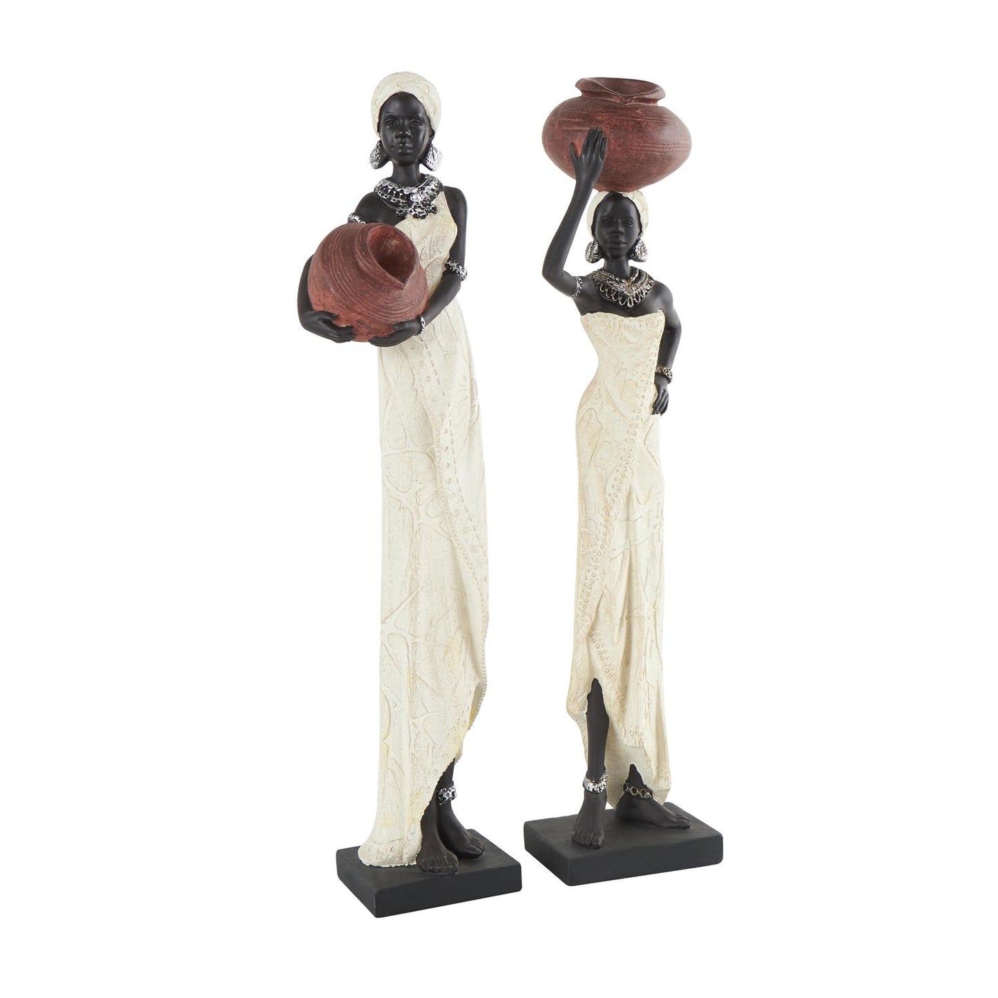 Cream Polystone Woman standing African Sculpture 2 pc set