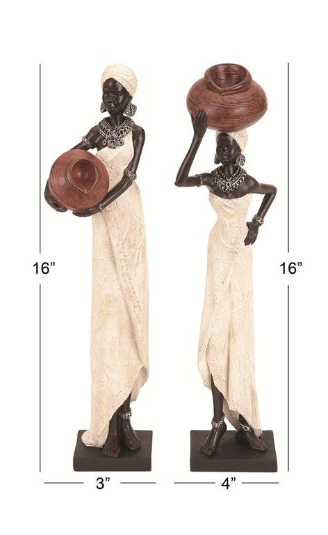 Cream Polystone Woman standing African Sculpture 2 pc set